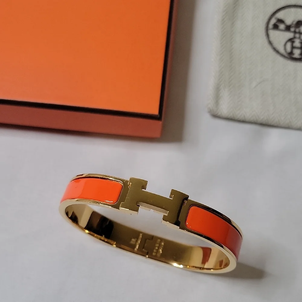 Hermes Orange Enamel Clic H Bracelet with Gold Hardware - Picture 2 of 4